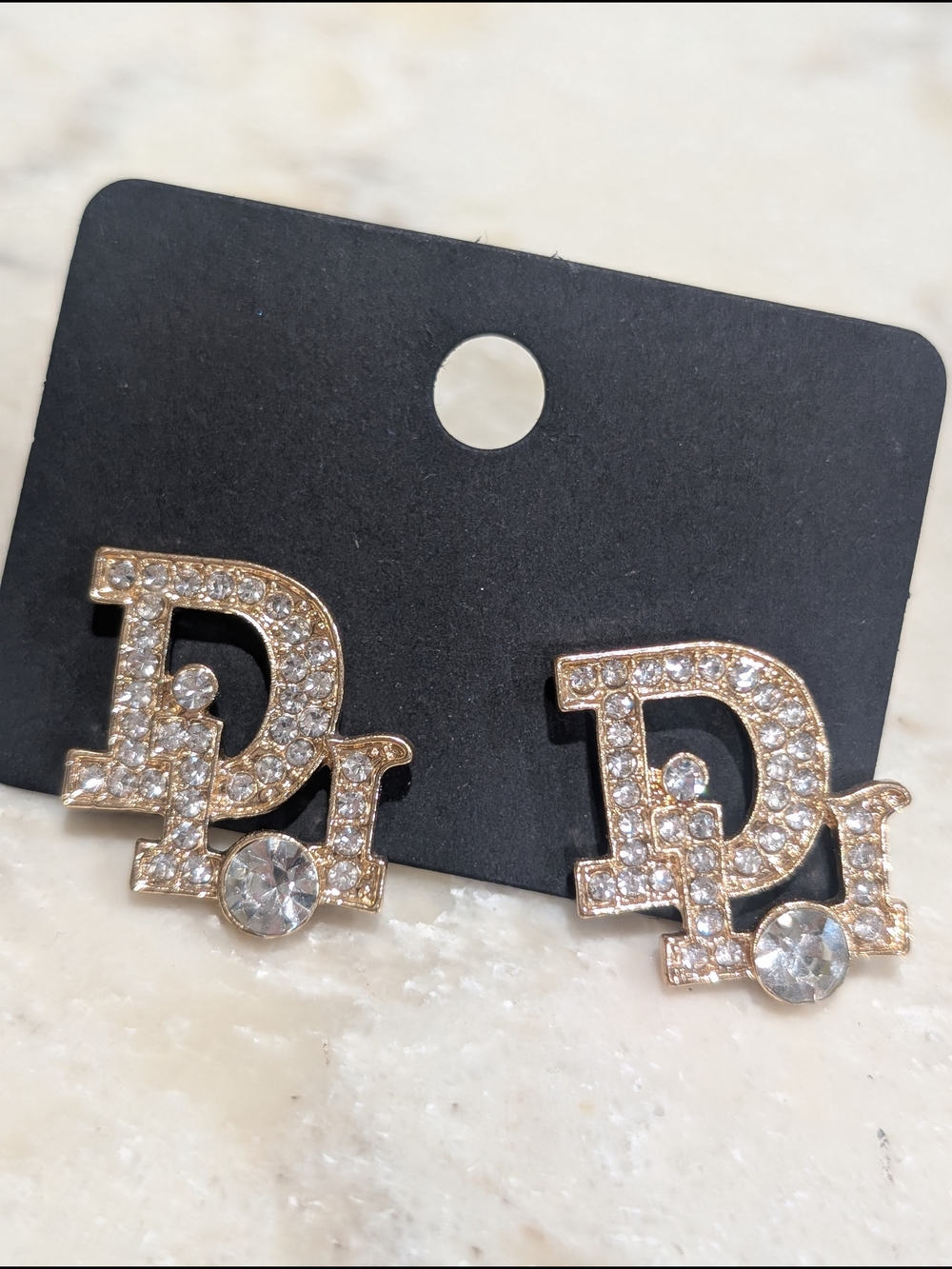 Luxury-Inspired Crystal 'D' Logo Stud Earrings - Gold Tone